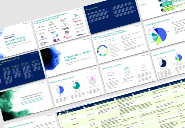 The graphic illustrates some of the slides created for the Novo Nordisk Foundation about the trends in impact reporting